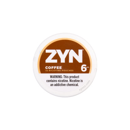 Zyn Coffee 6 MG nicotine pouches packaging. The package has a rich brown and black color theme, reflecting the coffee flavor.