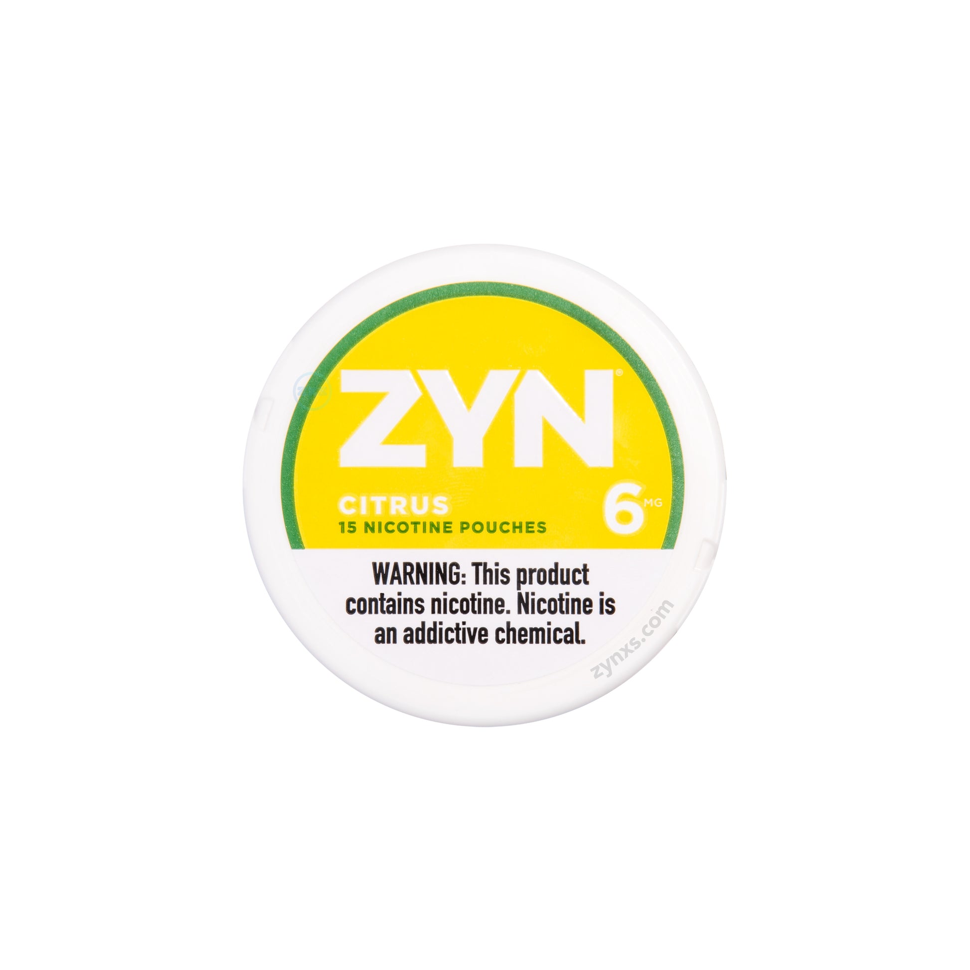 Zyn Citrus 6 MG nicotine pouches packaging. The package features a vibrant orange and yellow color scheme, symbolizing the citrus flavor.