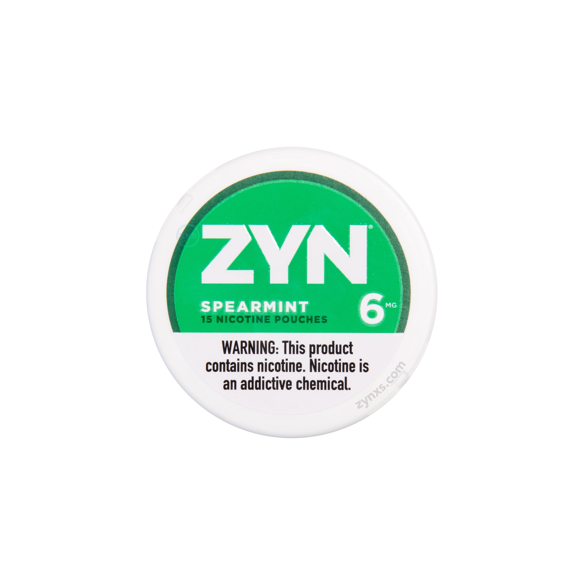 Zyn Spearmint 6 MG nicotine pouches packaging. The package showcases a green and white color scheme, representing the spearmint flavor