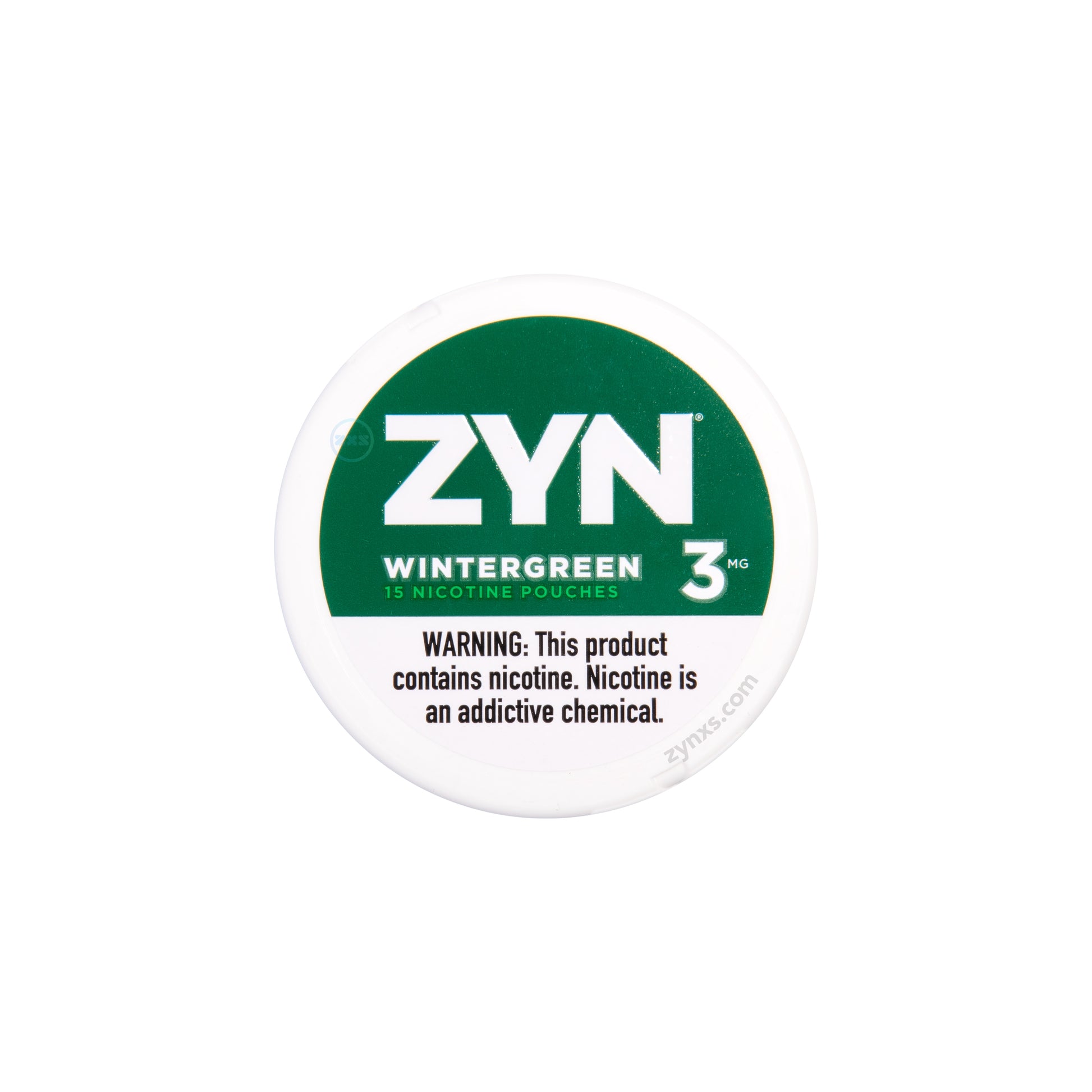 Zyn Wintergreen 3 MG nicotine pouches packaging. The packaging features a cool green and white color theme, suggestive of the wintergreen flavor.
