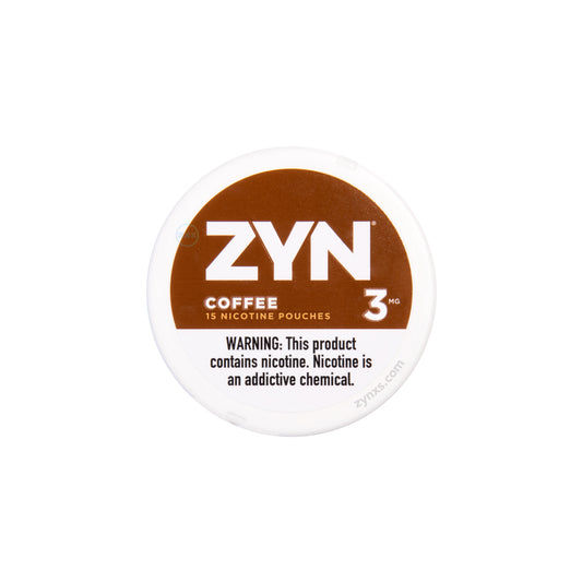 Zyn Coffee 3 MG nicotine pouches packaging. The package has a rich brown and black color theme, reflecting the coffee flavor.